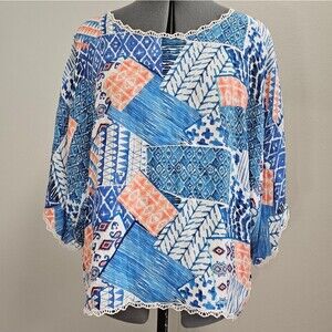 Tolani Ray Saphire Dorsey Lace Trim Blouse Tunic Patchwork Women's Small Blue